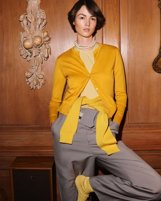 A fashion shot of a woman in gray slacks, mustard cardigan, pearl necklace and yellow socks posing indoors against a wood paneled wall.