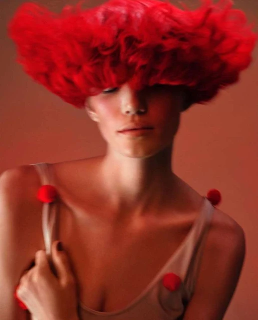 Close-up portrait of a young woman with light skin and a large, fluffy red wig. She wears a cream top adorned with red pom-poms.