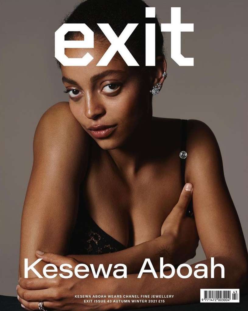 Magazine cover featuring Kesewa Aboah wearing Chanel fine jewelry in a close-up shot with the masthead 'exit' in large white letters.