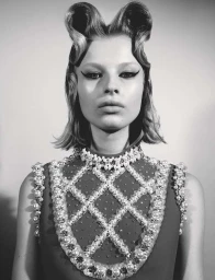 Close-up portrait of a model with elaborate sculpted hair, winged eyeliner, and an ornate pearl-embellished high-neck garment by Liz Collins.