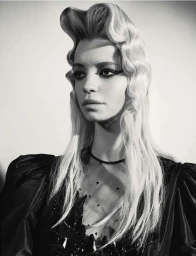 Portrait of a woman with dramatic hairstyle and dark eye makeup wearing a black dress against a plain background
