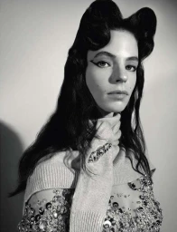 Portrait of a woman with sculpted hair wearing a high-neck embellished top against a light background by Liz Collins