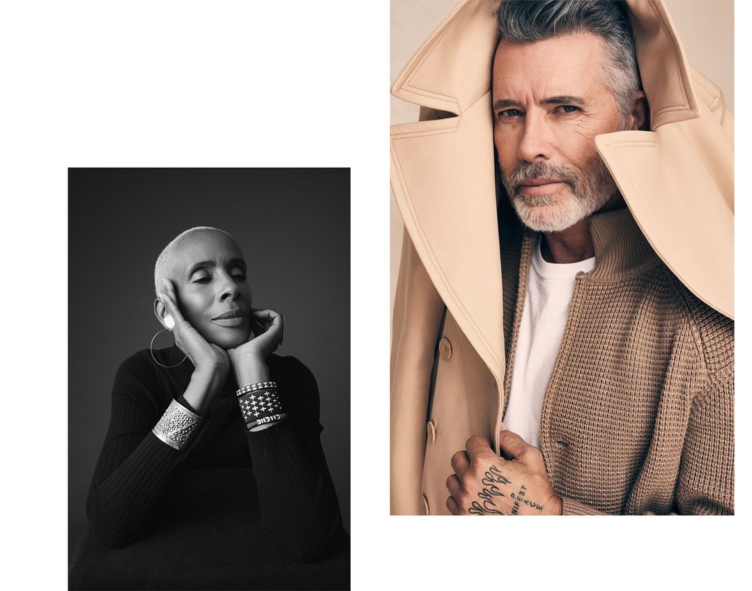Split-screen portrait of a short-haired woman in black with jewelry, and a man in a trench coat, knit sweater, and white t-shirt.