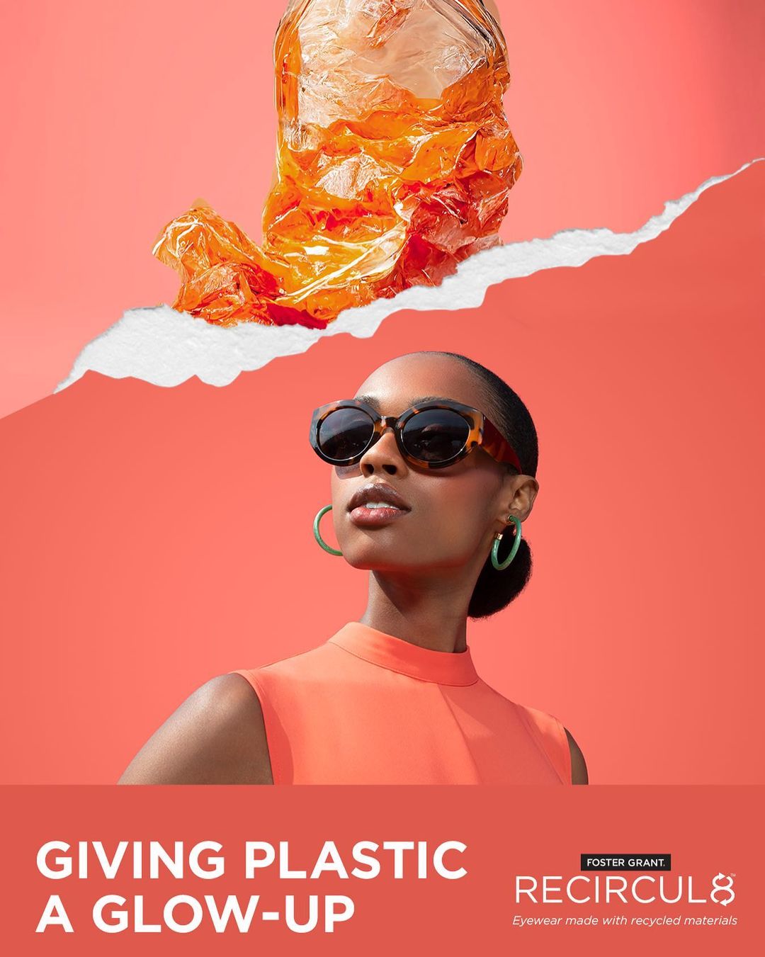 Woman in sunglasses promoting sustainable eyewear brand. Plastic bag detail and coral background in an eye-level, medium shot.