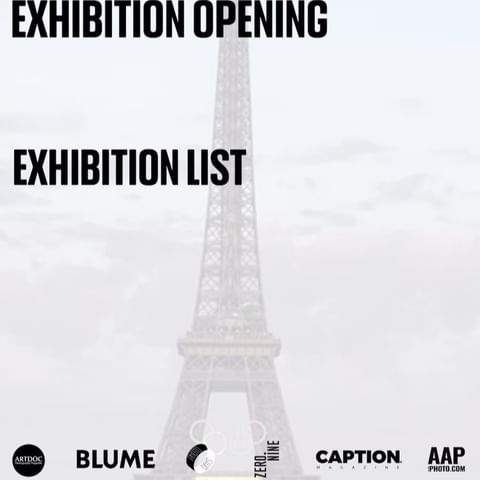 Exhibition opening and list promotion with a view of the Eiffel Tower in a white, grey, and black colour scheme and company logos.