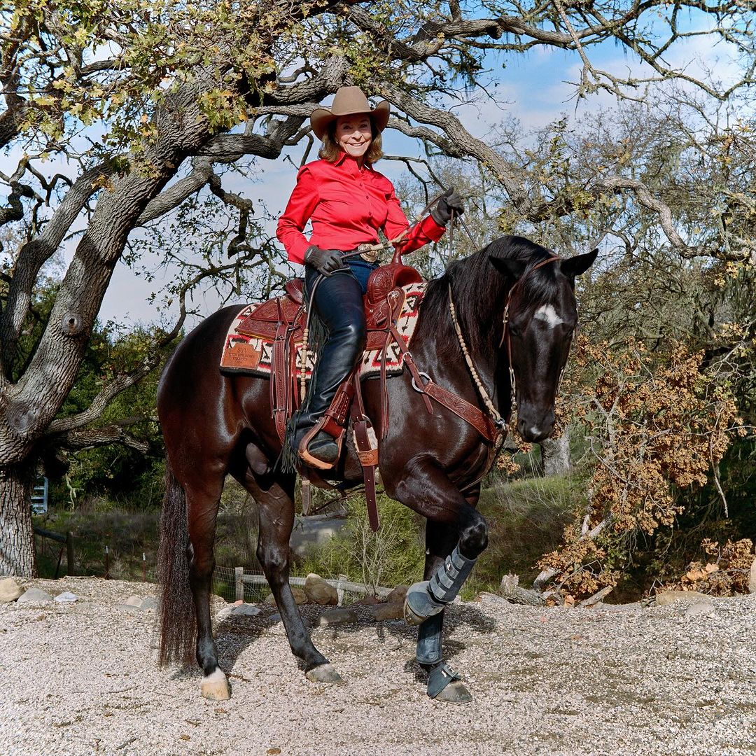 Adult woman in cowboy hat riding a black horse outdoors on a gravel ground with sparse trees and a blue sky in the background.