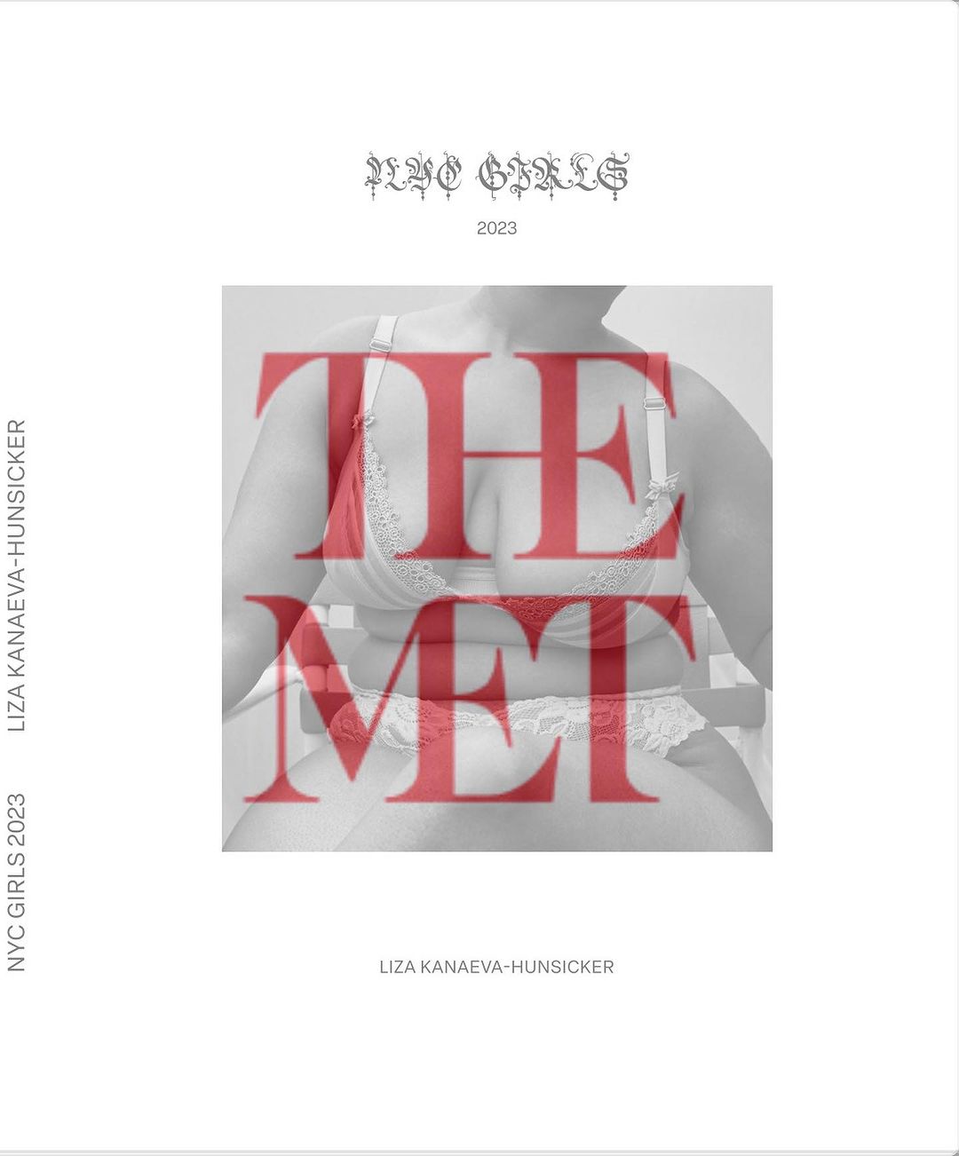 A woman is depicted in a black and white portrait with the text overlayed in red that says, 'THE MET', advertising for the museum.