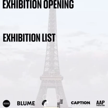 Exhibition opening announcement flyer with Eiffel Tower silhouette background and bold typography by Liza Kanaeva Hunsicker