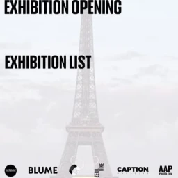 Exhibition opening announcement flyer with Eiffel Tower silhouette background and bold typography by Liza Kanaeva Hunsicker