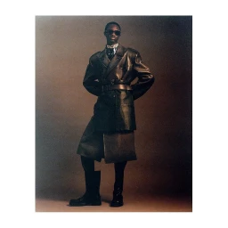 Model in black leather coat and sunglasses against gradient background by Lluis Camps