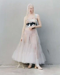 Model with very long braided blonde hair wearing a patterned top and sheer layered tulle skirt against a grey background