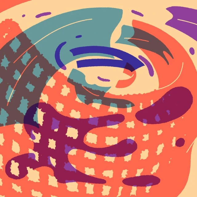 Abstract swirl of teal, purple, and peach colors with a spotted pattern, creating a dynamic, visually striking contemporary art piece.