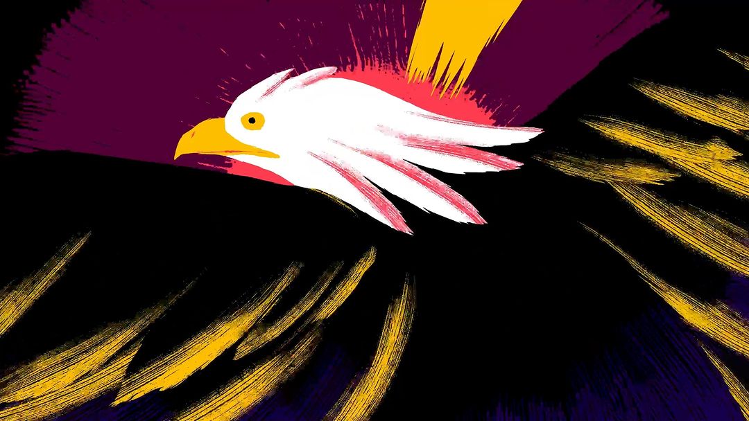 Illustration of a white-headed eagle with yellow beak and splashes of red, gold, and purple against a black background.