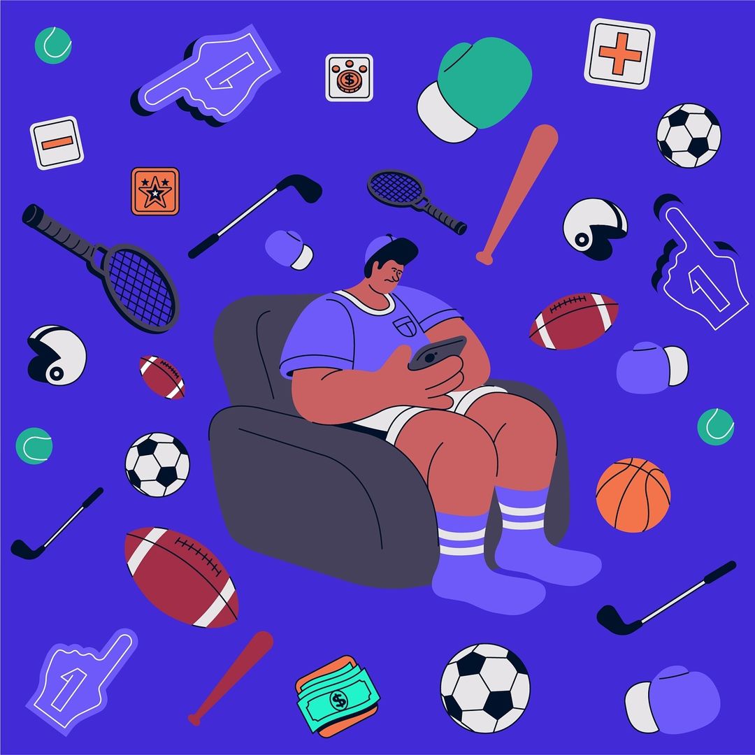 Illustration of a man sitting in a chair looking at his phone surrounded by sports equipment like footballs, baseball bats, tennis rackets.