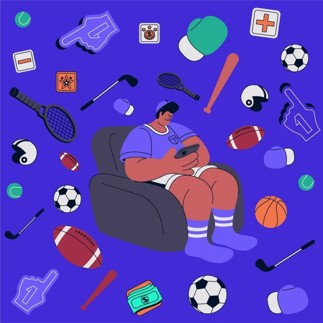 Illustration of a man sitting in a chair looking at his phone surrounded by sports equipment like footballs, baseball bats, tennis rackets.