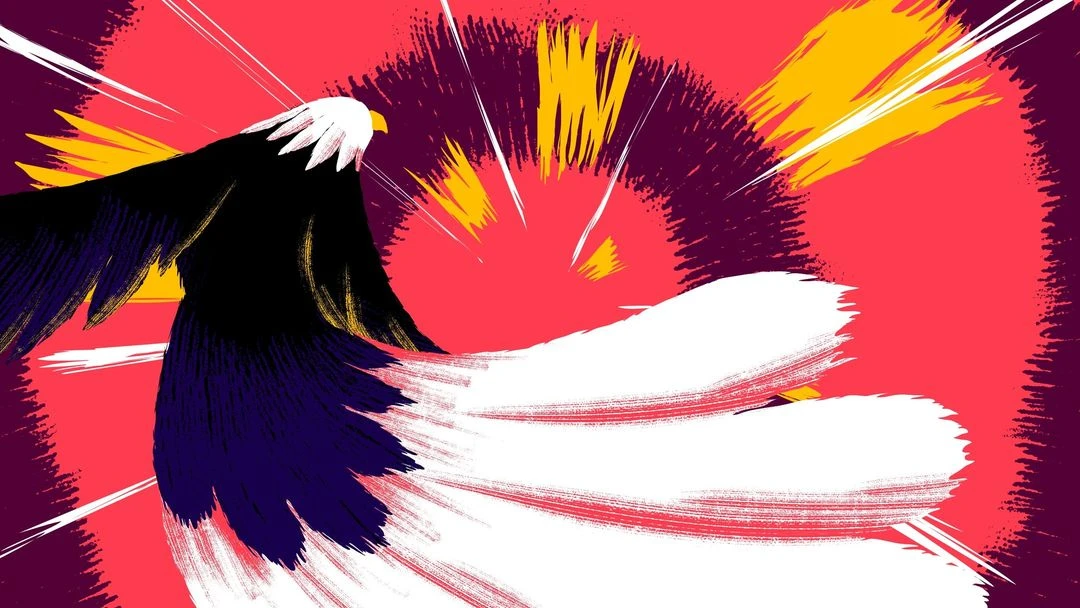 Illustration of a bald eagle with black and white feathers against a vivid red and purple backdrop with abstract burst effects.