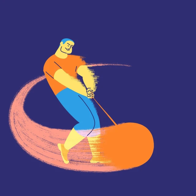 Illustration of a cartoon man swinging a giant orange wrecking ball-like object, trailing motion lines against a dark blue background.