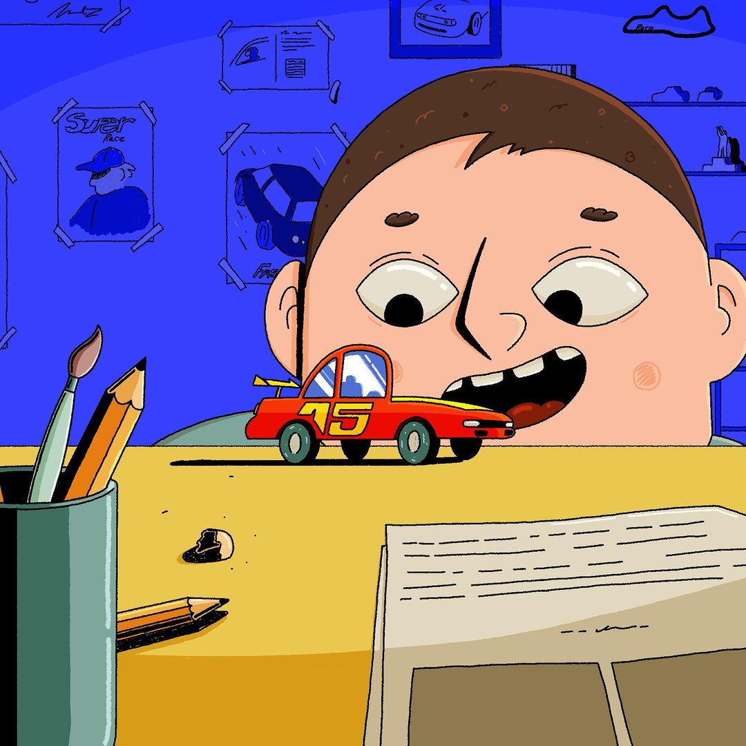 Illustration of a young boy with a toy car on a desk, featuring drawing utensils and a wall decorated with car-themed sketches.
