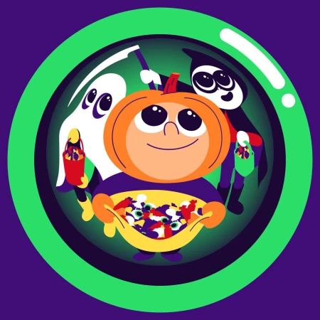 Colorful illustration of Halloween characters: pumpkin, ghost, and grim reaper holding candy buckets in a circle frame on a purple backdrop.