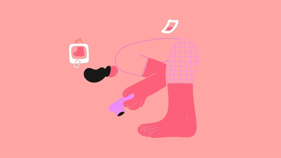 Whimsical illustration of a person grooming, featuring stylized human figure, hair dryer, and beauty icon on a salmon background.