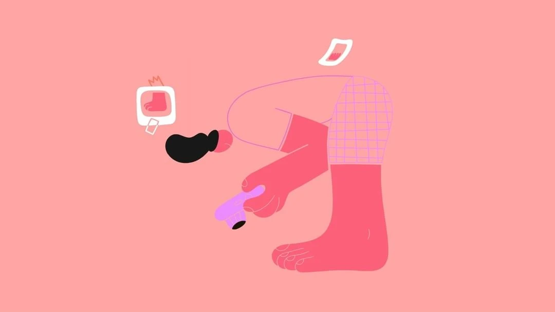 Whimsical illustration of a person grooming, featuring stylized human figure, hair dryer, and beauty icon on a salmon background.