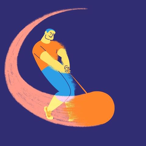 Illustration of a man in orange shirt and blue shorts water skiing in a surreal setting with a moon and orange flotation device.