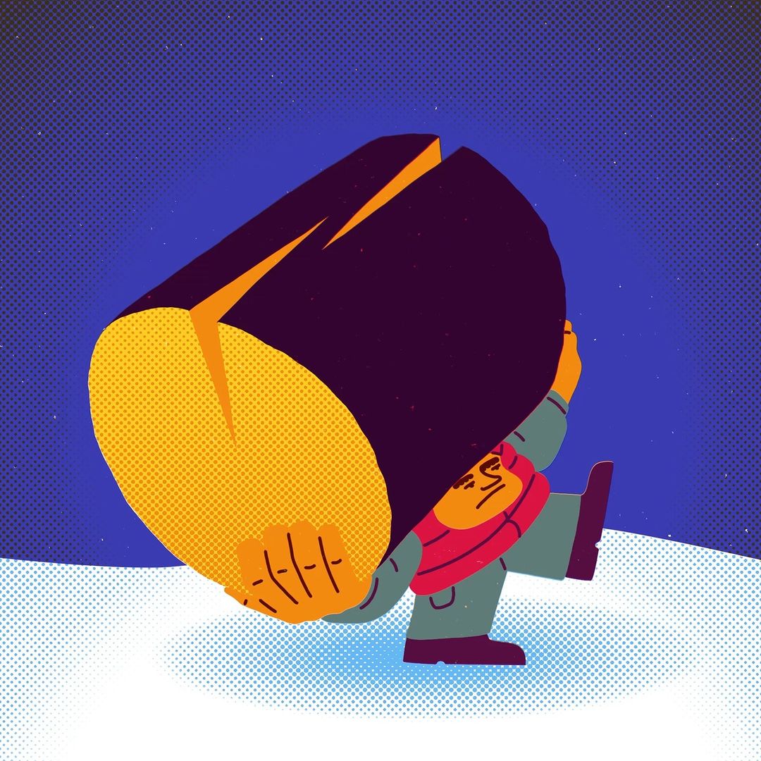 Illustration of a person carrying a large log of wood in a snowy environment under a dotted blue sky, rendered in a cartoon style.
