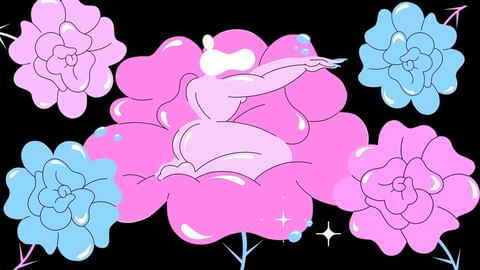 Digital art of a woman sitting in a pink flower between blue and pink flowers against a black background. Digital illustration.