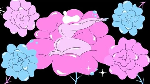 Digital art of a woman sitting in a pink flower between blue and pink flowers against a black background. Digital illustration.