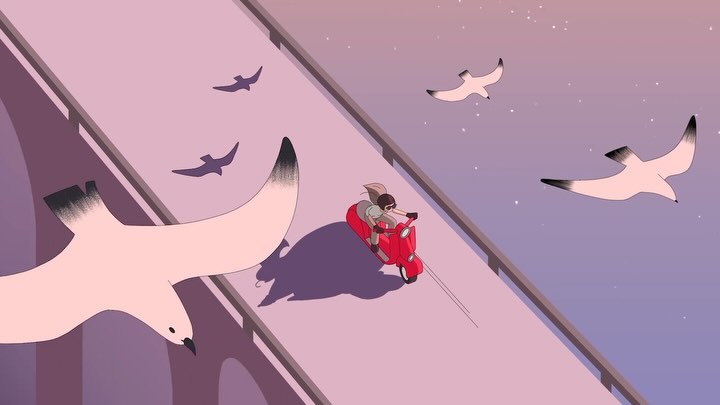 Animated art featuring a person riding a red moped on a bridge with seagulls flying in the purple and pink sky during daytime.