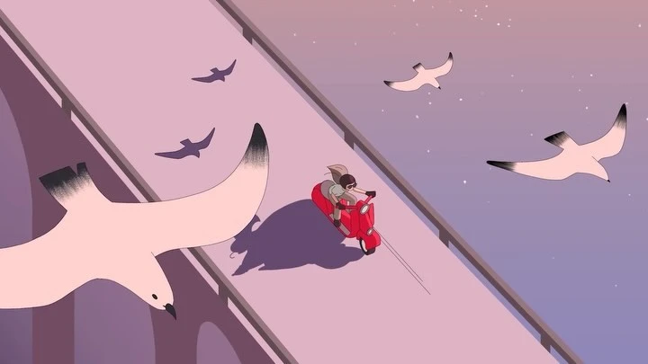Animated art featuring a person riding a red moped on a bridge with seagulls flying in the purple and pink sky during daytime.
