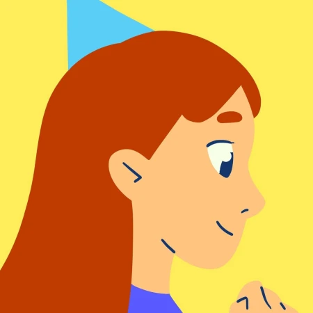 Illustration of a smiling woman with long red hair wearing a blue party hat against a bright yellow background.