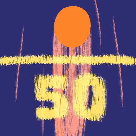 Digitally-created image: Orange balloon, brush-stroke number 50 in yellow with pink accents, and a navy blue background.