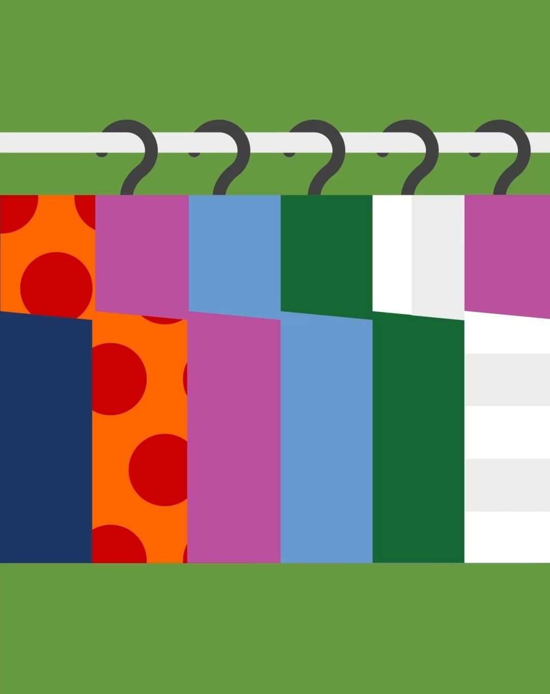 Graphic illustration of colorful cloths hanging on hooks against a green background, simple geometric shapes and design.