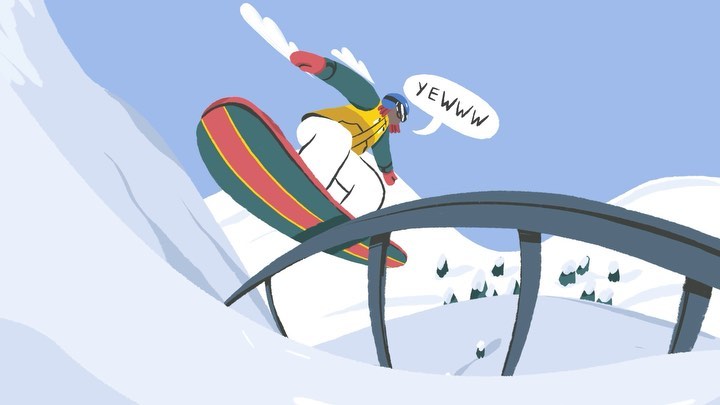 Illustration of snowboarder performing jump trick against a snowy mountain background with 'YEWWW' text bubble.