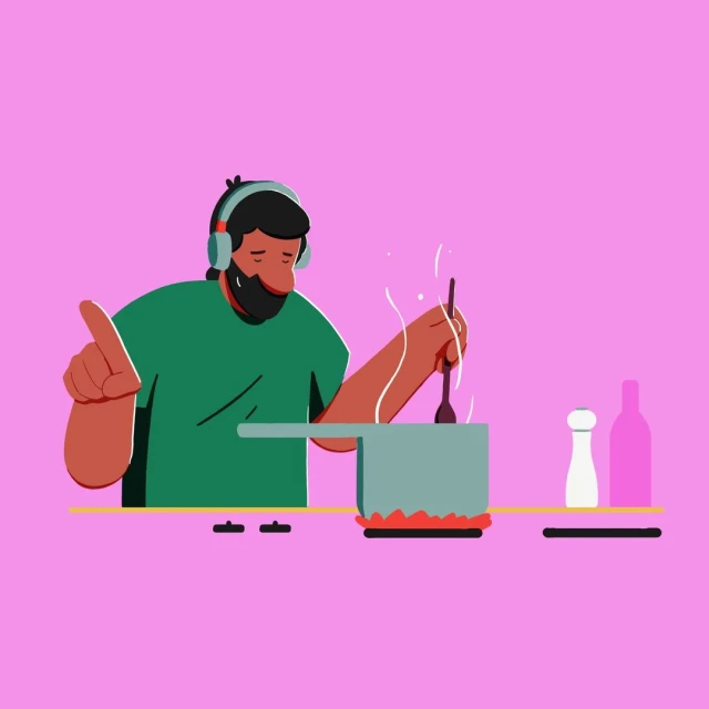 Illustration of a man cooking while listening to music on headphones. He is using a wooden spoon, with cooking utensils in background.