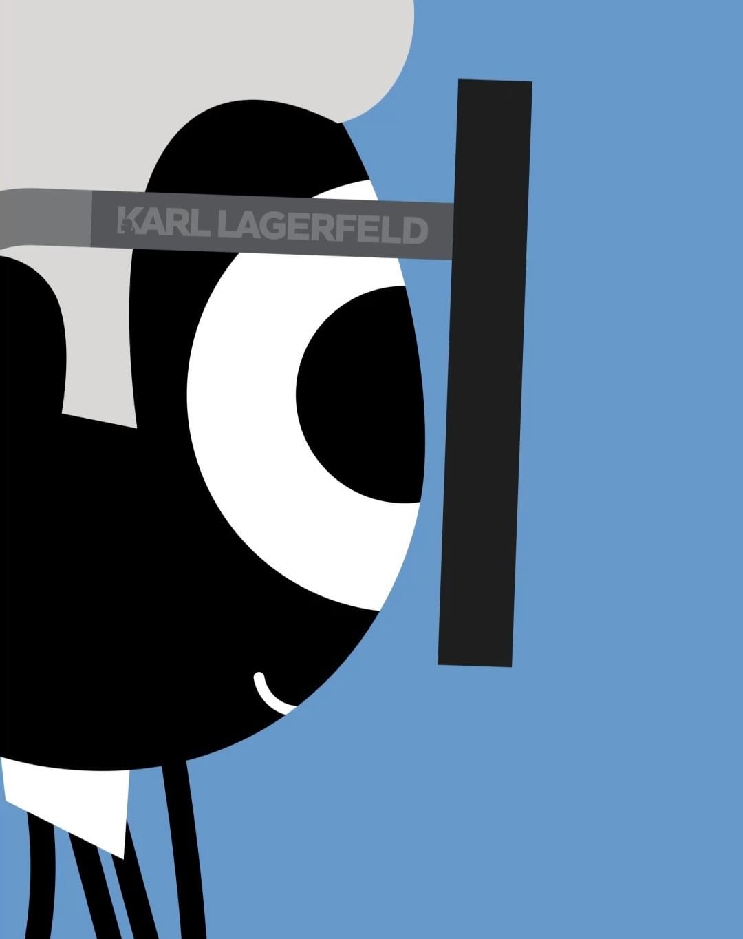 Illustration of Karl Lagerfeld profile with iconic glasses and suit, against a blue background, rendered in a minimalist style.