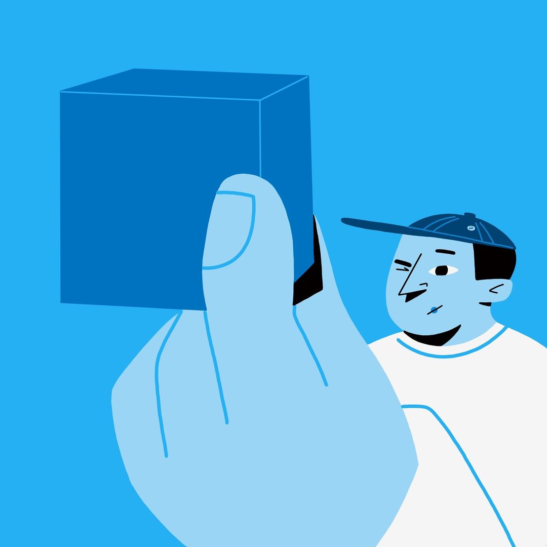 Illustration of a person holding a blue cube, set against a matching blue background, showcasing a modern, minimalist design style.