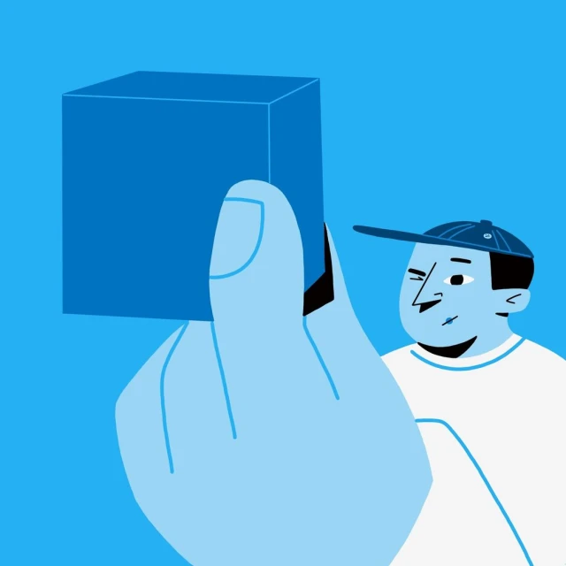 Illustration of a person holding a blue cube, set against a matching blue background, showcasing a modern, minimalist design style.