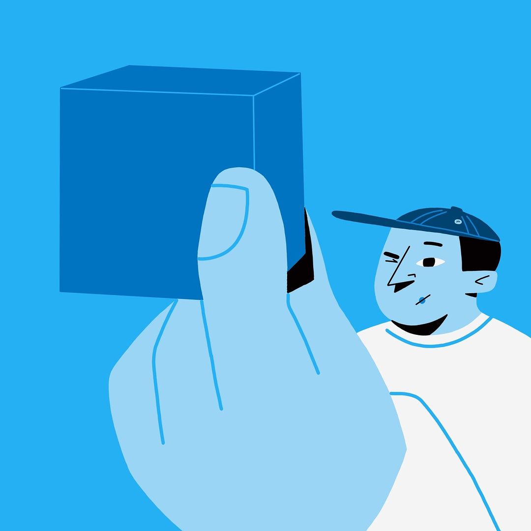 Illustration of a person holding a blue cube against a light blue background, rendered in a flat, graphic style.