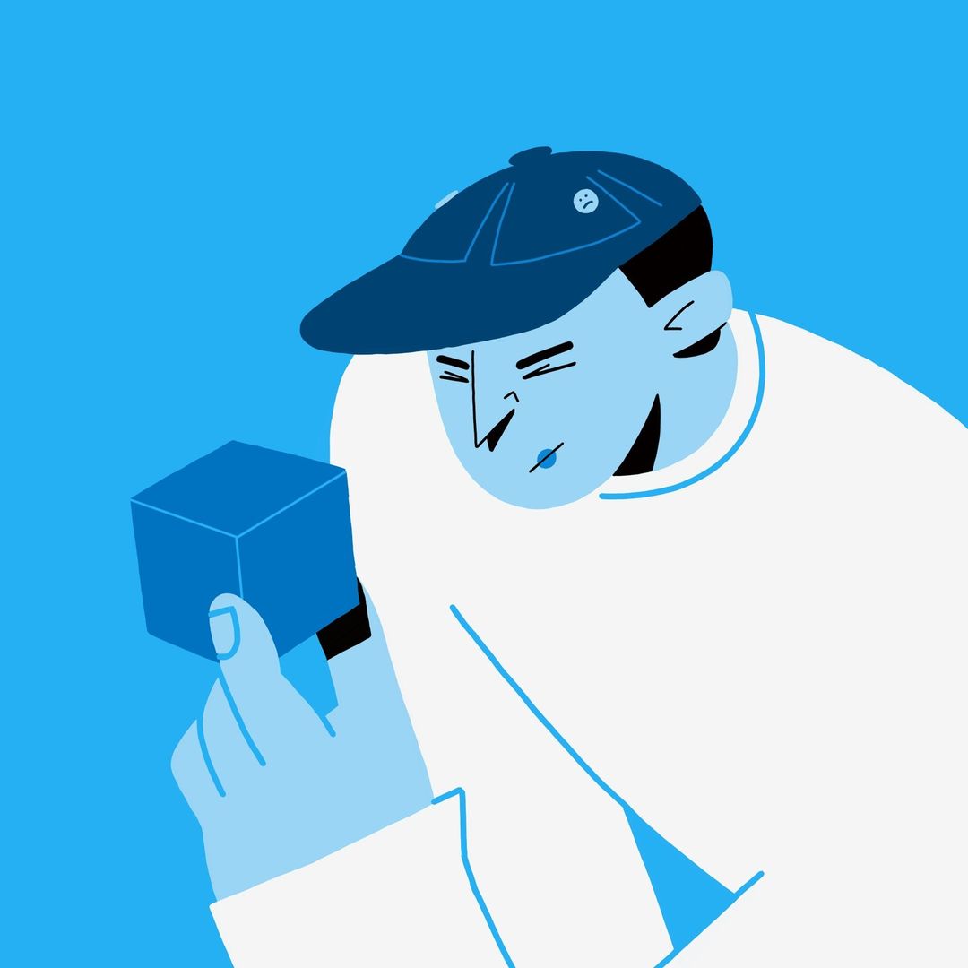 Illustration of a person wearing a baseball cap holding a blue cube in their hand, rendered in a flat, graphic style against blue.