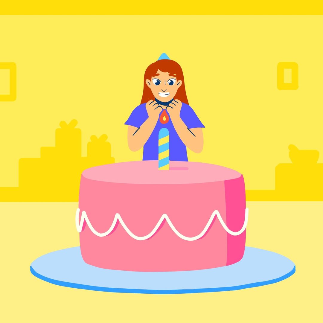 Illustration of a smiling young woman in front of birthday cake with a candle in a yellow indoor setting with gift boxes.