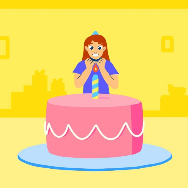 Illustration of a smiling young woman in front of birthday cake with a candle in a yellow indoor setting with gift boxes.