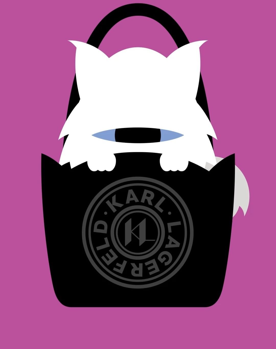 Illustration of a white cat peeking out of a black Karl Lagerfeld handbag against a solid purple background, showcasing a playful and fashionable design.