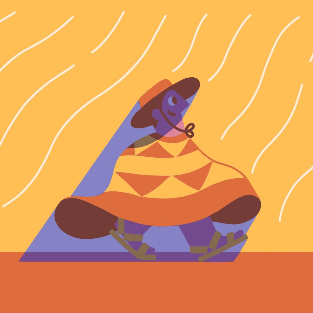 Illustration of a person in a poncho and hat walking against a wavy orange and yellow background, depicted in a flat, vector style.