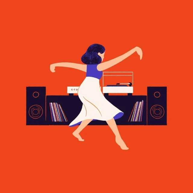 Illustration of a woman with short dark hair dancing barefoot in a dress with a record player, speakers, and records in the background.