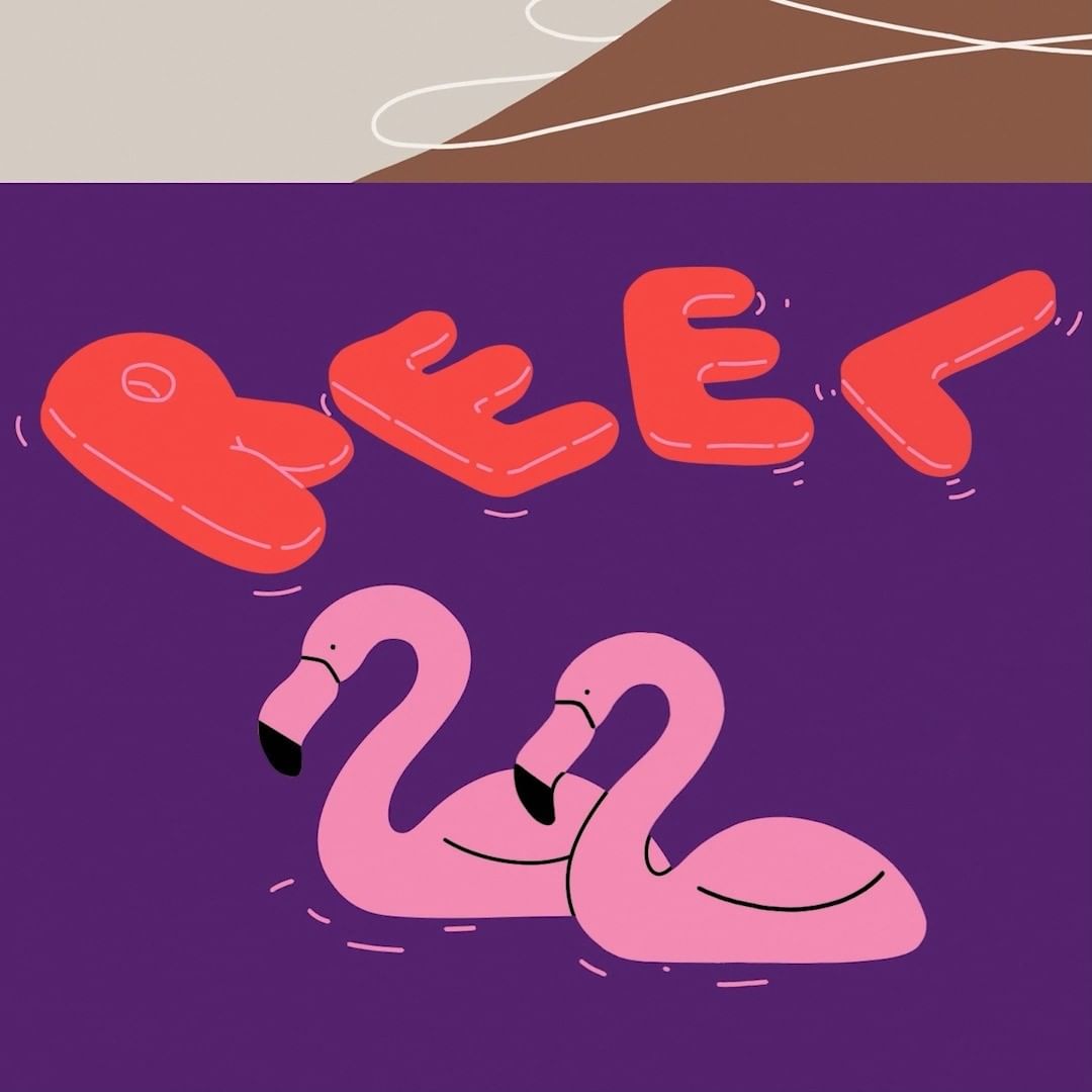 Whimsical illustration of two cartoon pink flamingos swimming in purple water with the word 'REEF' in red cartoon letters.