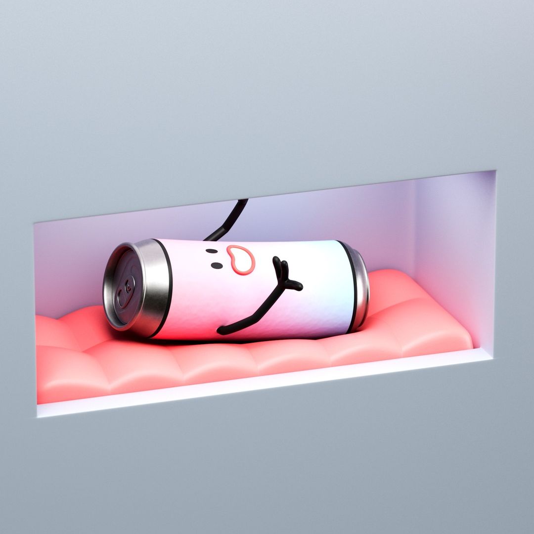 Cartoon soda can with a face, resting on a pink cushion inside of a gray structure with a rectangular opening.