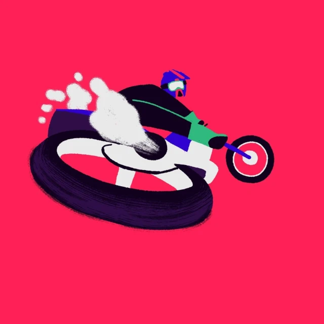 Illustration of a person riding a motocross bike with speed lines and smoke against a bright pink background, in a cartoon style.