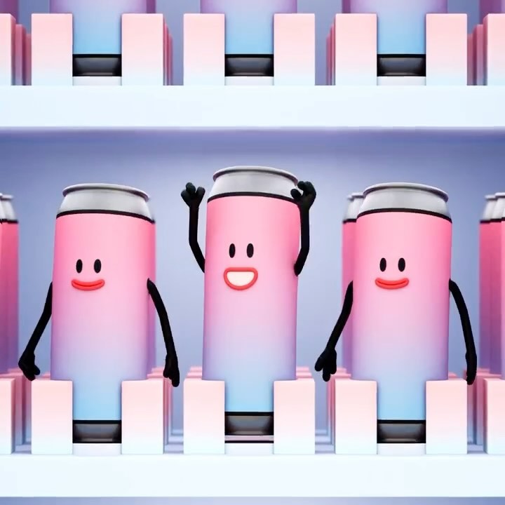 Animated cans with faces and arms stand on shelves, pink and blue gradient, playful, cute, whimsical, food and beverage industry.